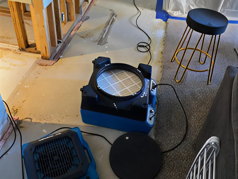Two blue air scrubbers or air movers on a floor next to a black stool with gold legs.