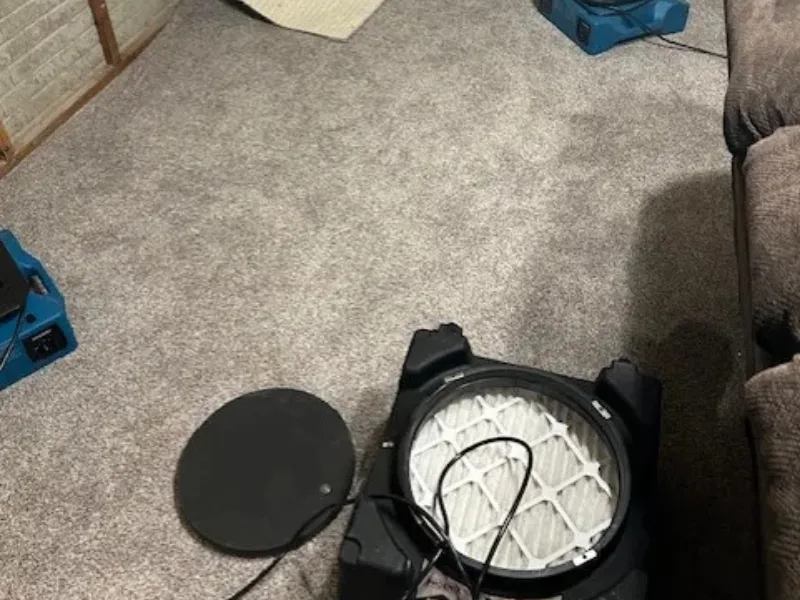 Air purifier with its round filter exposed on a carpeted floor next to a couch.